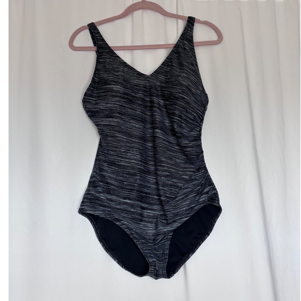 Speedo Womens One Piece Swimsuit Size 16 Black White Space Dye V-Neck Ruched